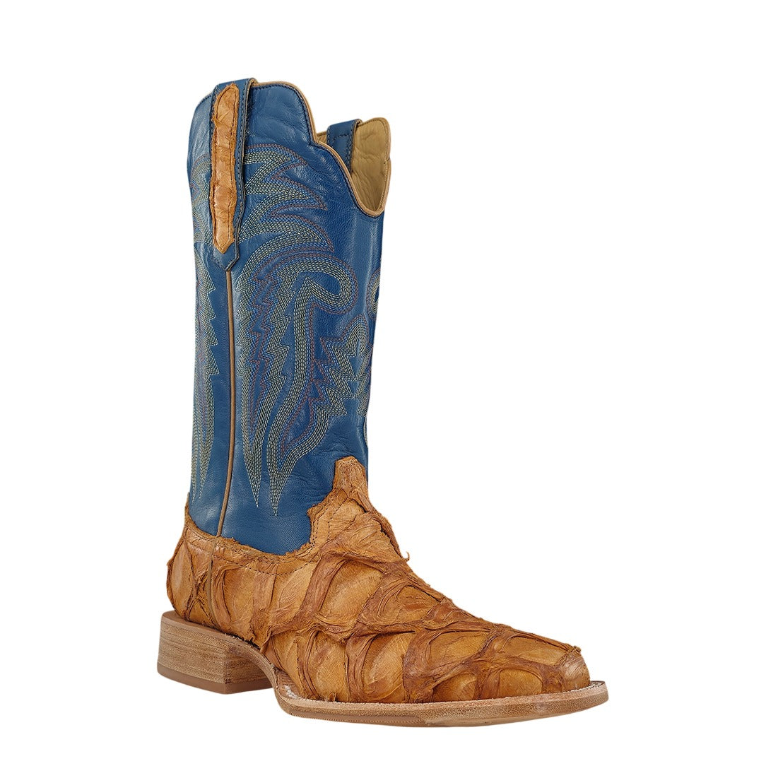 R. Watson Men's Sand/Prussia Pirarucu Wide Square Toe Boot – 3-4 front