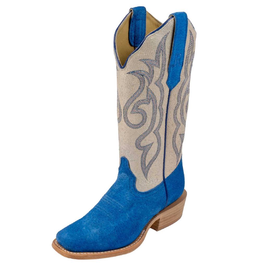 Pair of R. Watson women's neon blue boar boots with pearl cowhide tops, shown side by side.