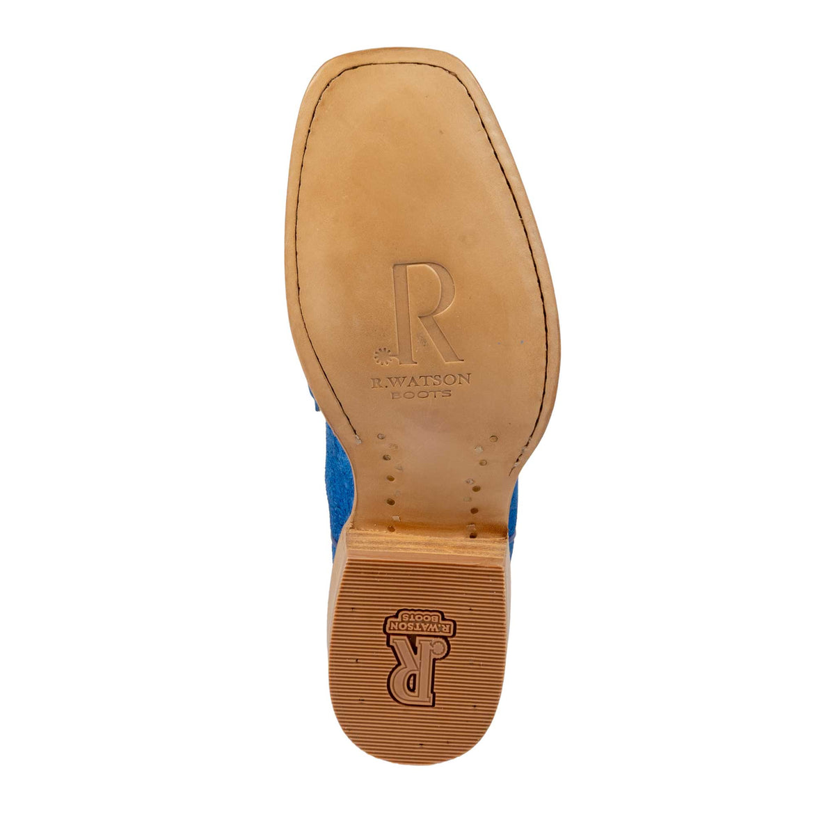 R. Watson neon blue boar narrow square toe boots with pearl cowhide tops and cowboy heels.