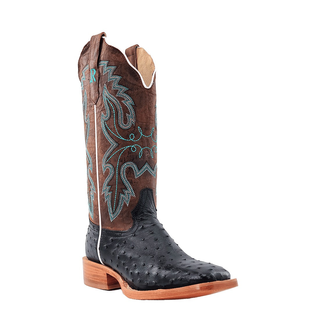 R. Watson Women's Black/Tuscany Meil Full Quill Ostrich Wide Square Toe Boot – 3-4 front close
