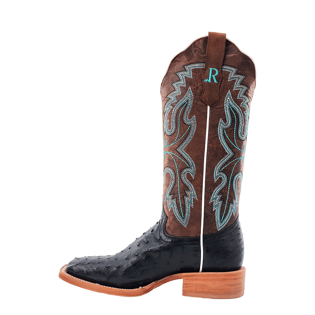 R. Watson Women's Black/Tuscany Meil Full Quill Ostrich Wide Square Toe Boot – inside