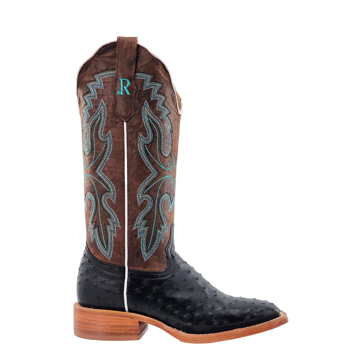 R. Watson Women's Black/Tuscany Meil Full Quill Ostrich Wide Square Toe Boot – side