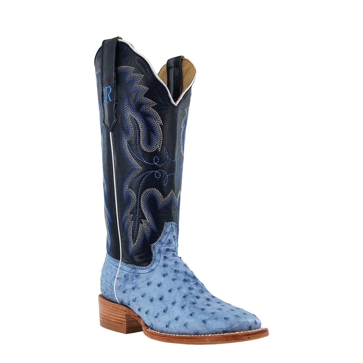 R. Watson Women's Denim Bruciato/Midnight Blue Full Quill Ostrich Wide Square Toe Boot – 3-4 front