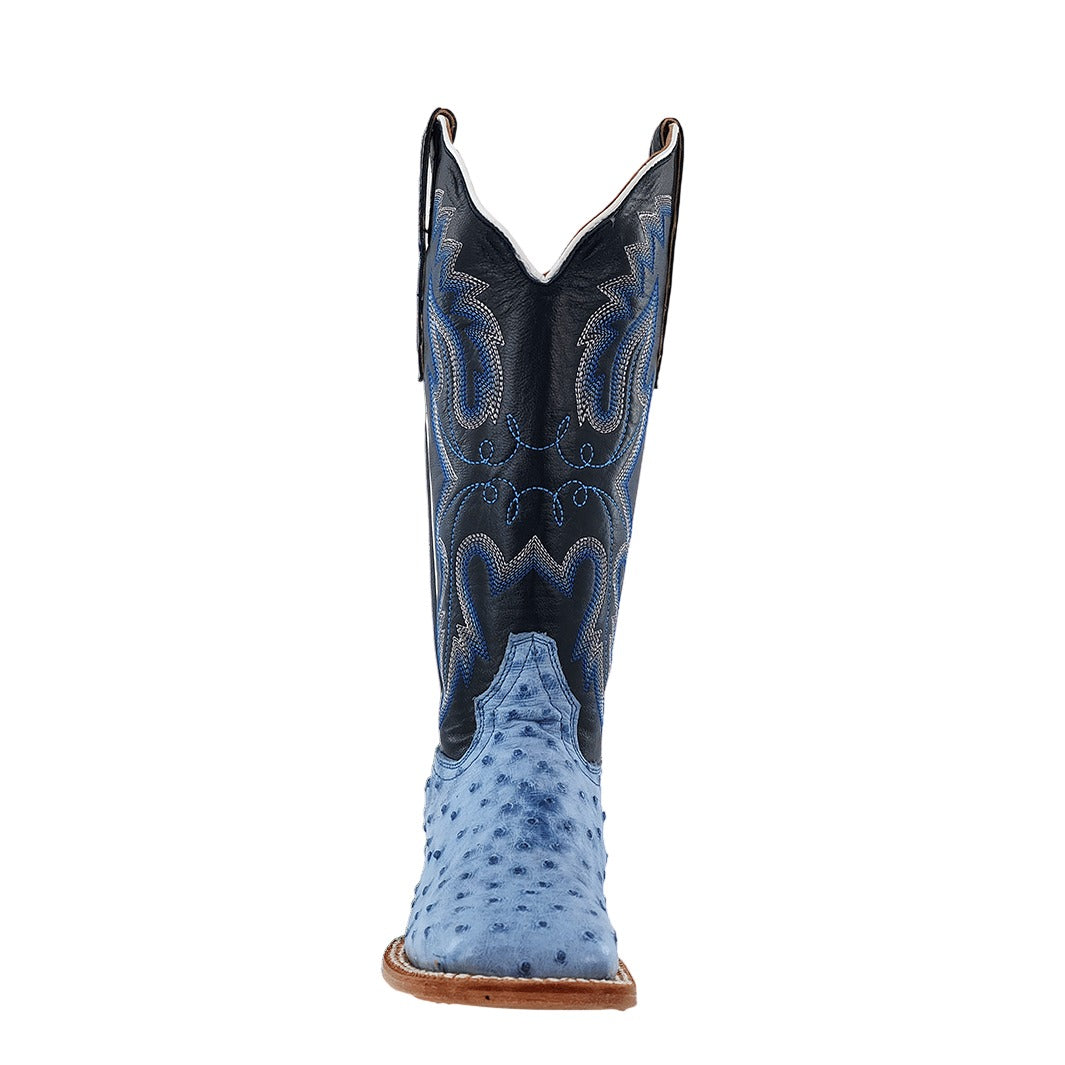 R. Watson Women's Denim Bruciato/Midnight Blue Full Quill Ostrich Wide Square Toe Boot – toe