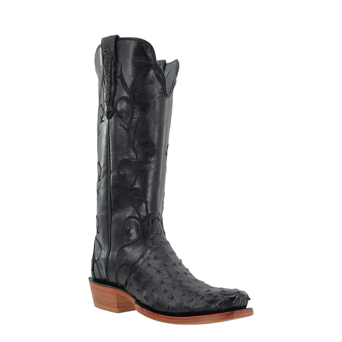 R. Watson Women's Black Full Quill Ostrich Narrow Square Toe Boot – 3-4 front close
