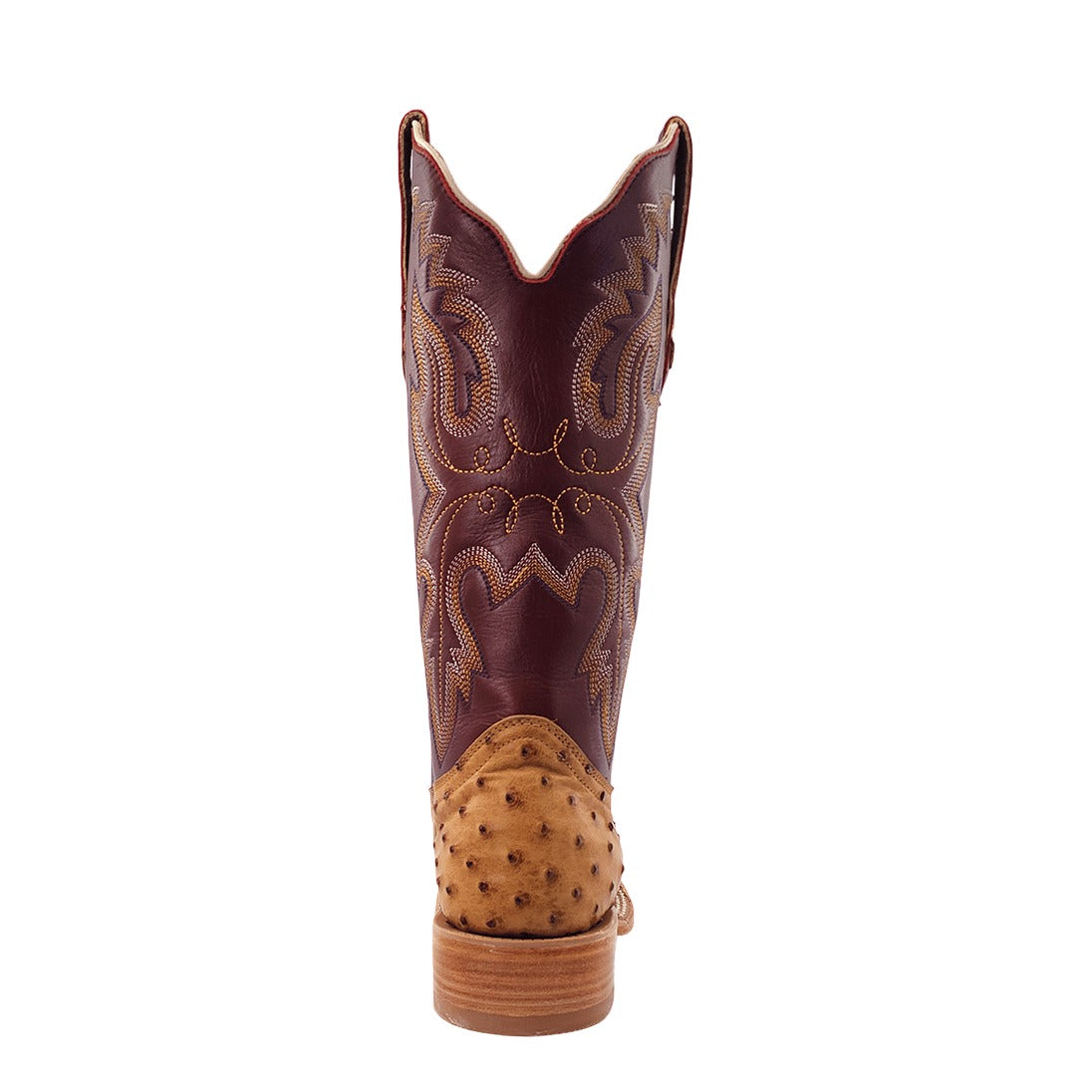 R. Watson Women's Antique Saddle Bruciato/Sienna Full Quill Ostrich Wide Square Toe Boot – heel