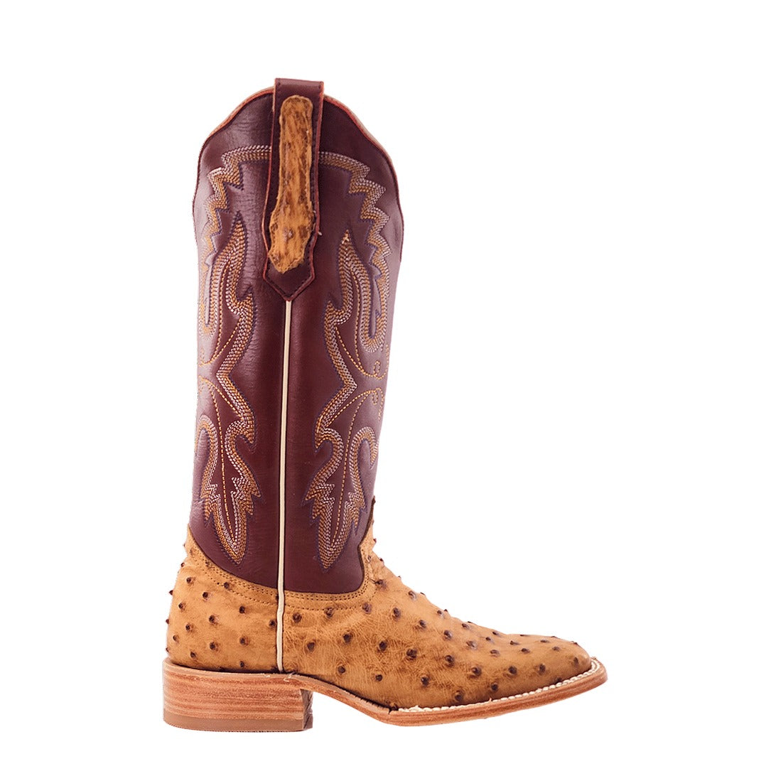 R. Watson Women's Antique Saddle Bruciato/Sienna Full Quill Ostrich Wide Square Toe Boot – side
