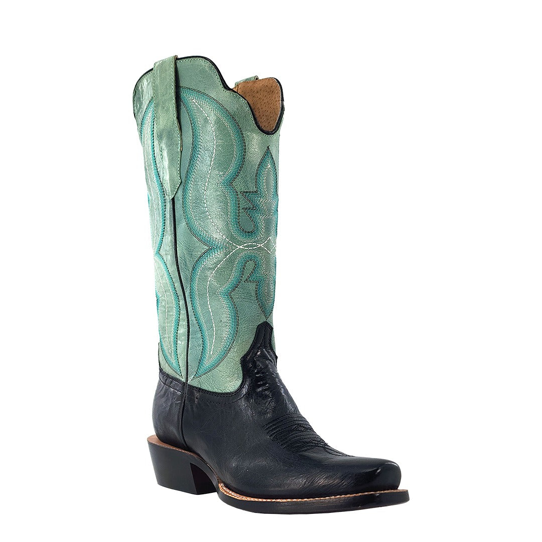 R. Watson Women's Jet Black/Aqua Goat Narrow Square Toe Boot – 3-4 front