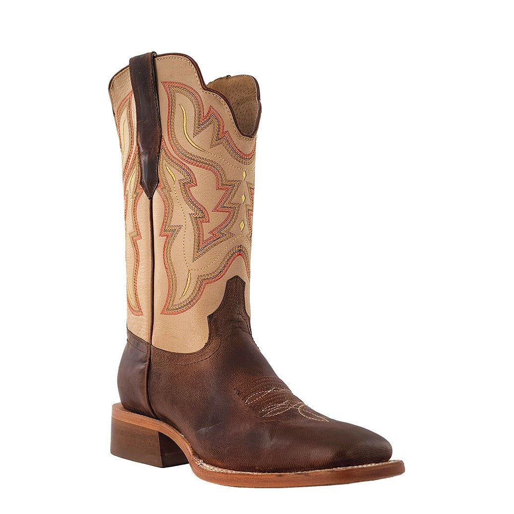 R. Watson Women's Mad Brown/Ivory Goat Wide Square Toe Boot – 3-4 front