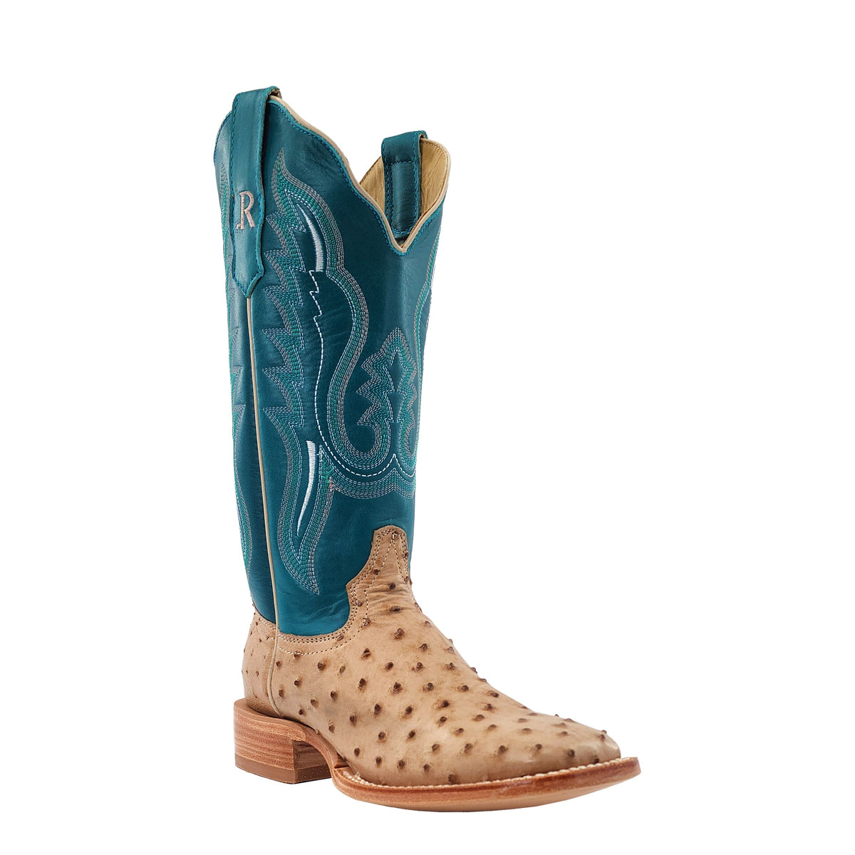 R. Watson Women's Sand Bruciato/Teal Full Quill Ostrich Wide Square Toe Boot – 3-4 front