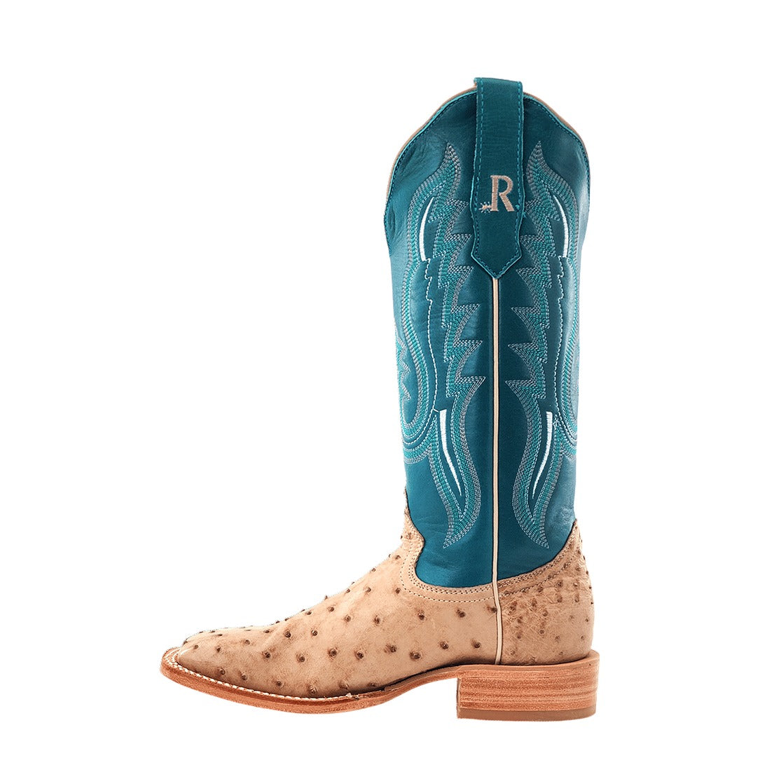 R. Watson Women's Sand Bruciato/Teal Full Quill Ostrich Wide Square Toe Boot – inside