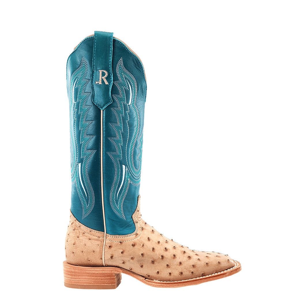 R. Watson Women's Sand Bruciato/Teal Full Quill Ostrich Wide Square Toe Boot – side