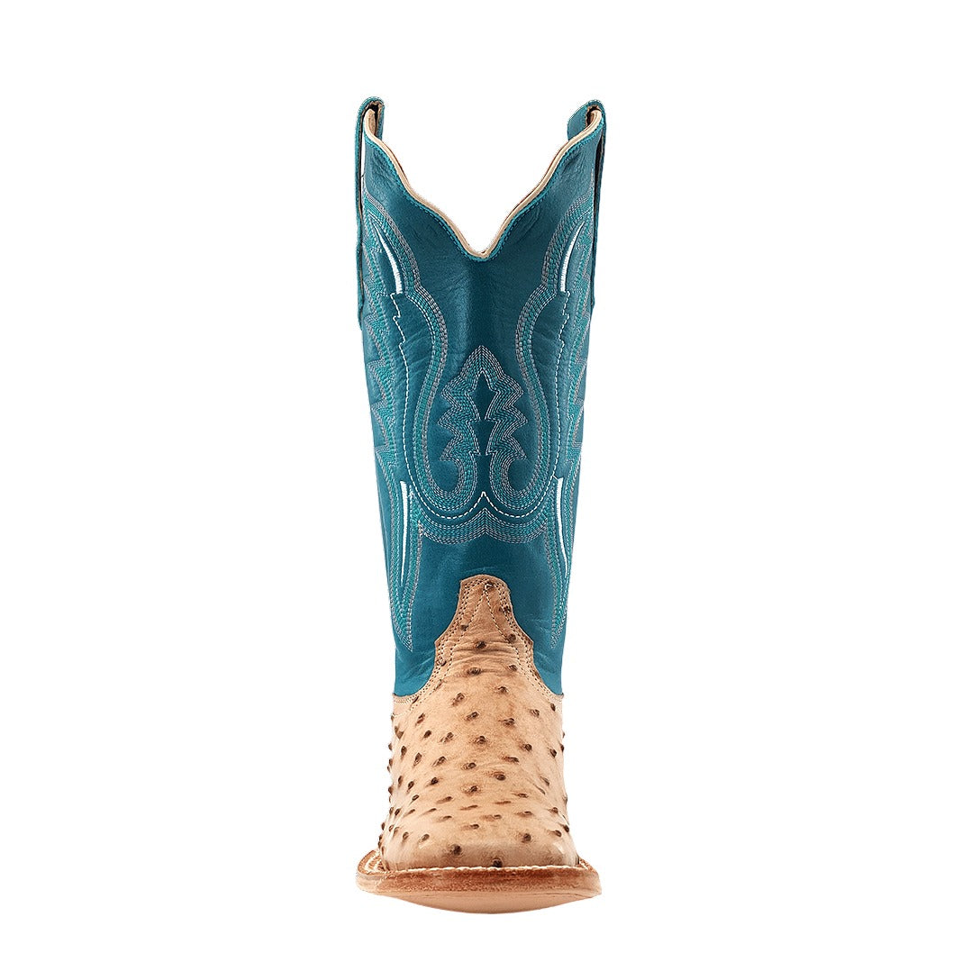 R. Watson Women's Sand Bruciato/Teal Full Quill Ostrich Wide Square Toe Boot – toe