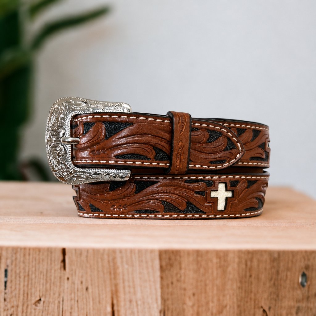 Ranger Belt Company kids' brown floral tooled leather belt with silver cross conchos