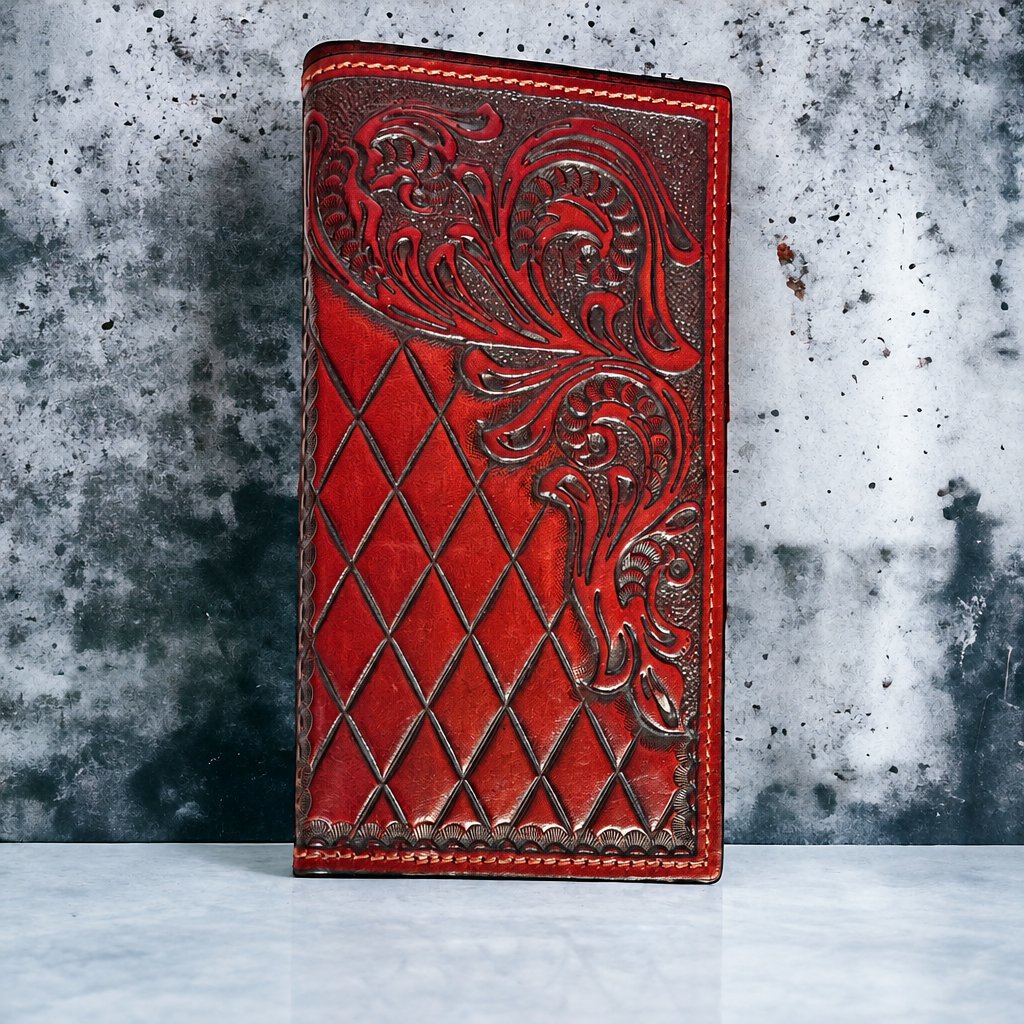 Ranger Belt Company men's brown tooled leather bifold wallet with a carved diamond and floral pattern