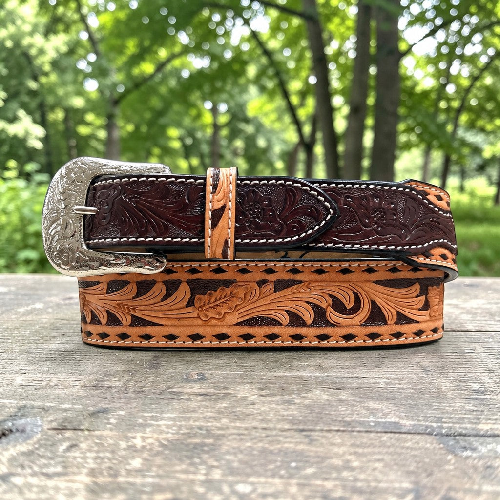Ranger Belt Company men's dark brown floral tooled leather belt with ornate silver buckle