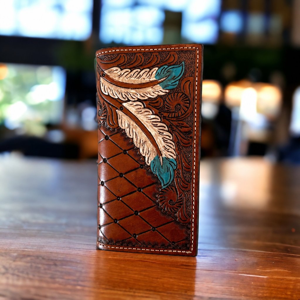 Ranger Belt Company men's chestnut leather rodeo wallet, hand carved with a hand painted turquoise and cream feather