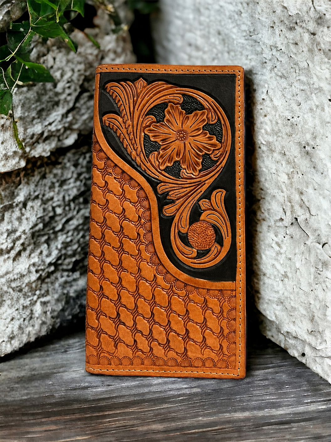 Ranger Belt Company tan hand-carved floral rodeo wallet with a basket weave lower panel