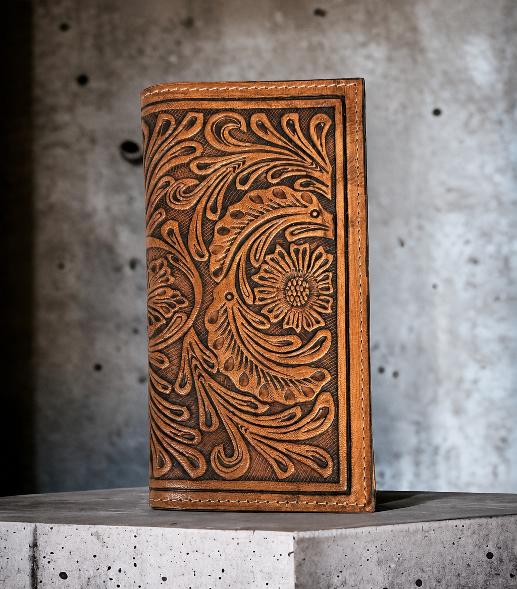 Ranger Belt Company tan hand tooled leather wallet with all-over floral carving