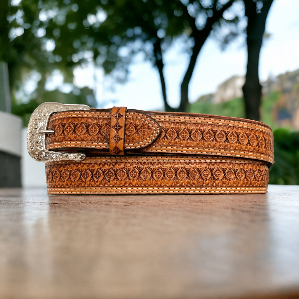 Ranger Belt Company men's tan natural floral tooled leather belt with a silver western buckle