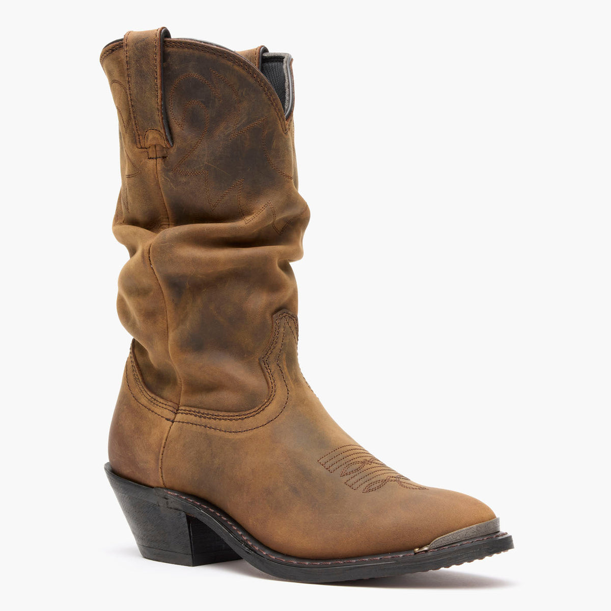 Durango Women's Slouch Western Boot, Distressed Tan – 3-4 front, grey background