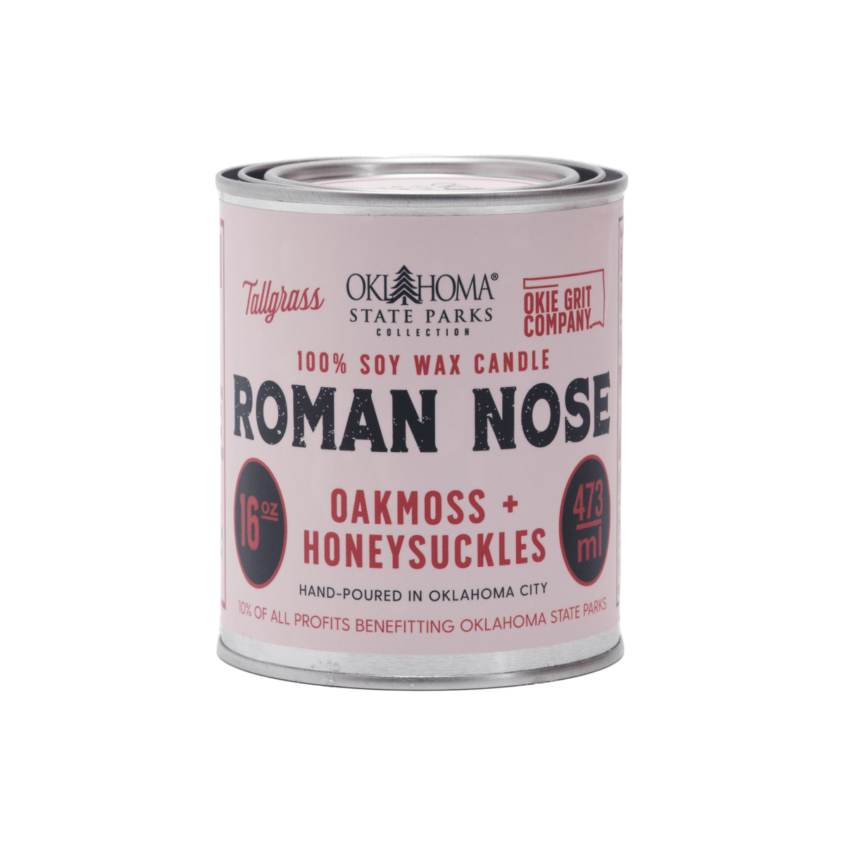 Tallgrass Supply Roman Nose soy wax candle with oakmoss and honeysuckle scent, featuring a tall, elegant candle design.