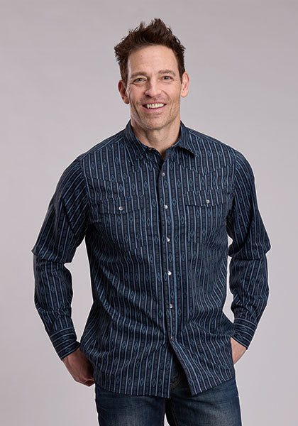 Roper Men's Aztec Stripe Print Long Sleeve Shirt, Black – front