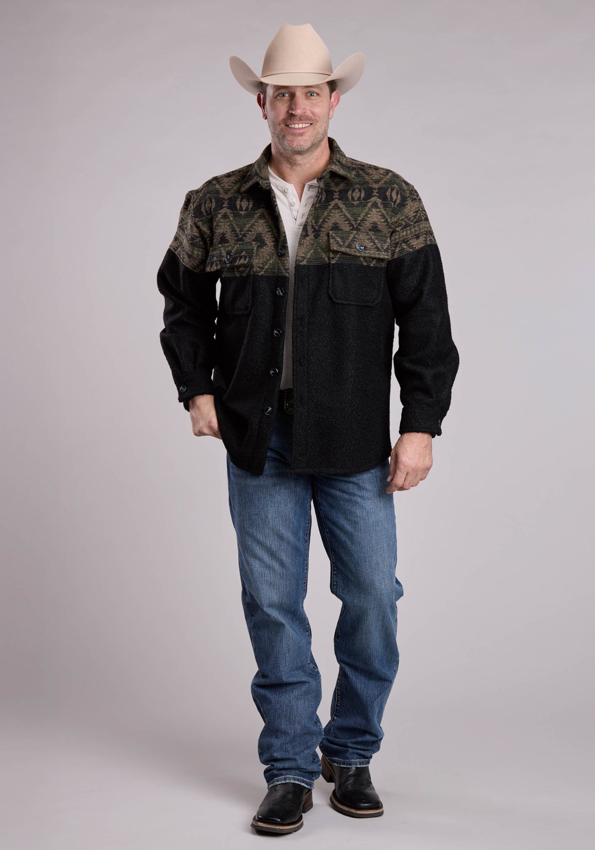 Roper Men's Aztec Yoke Wool Shirt Jacket, Black – full length