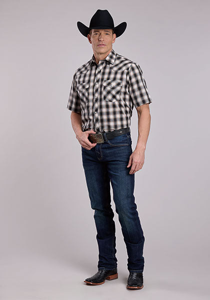 Roper Men's Plaid Short Sleeve Shirt, Black/Cream – full length