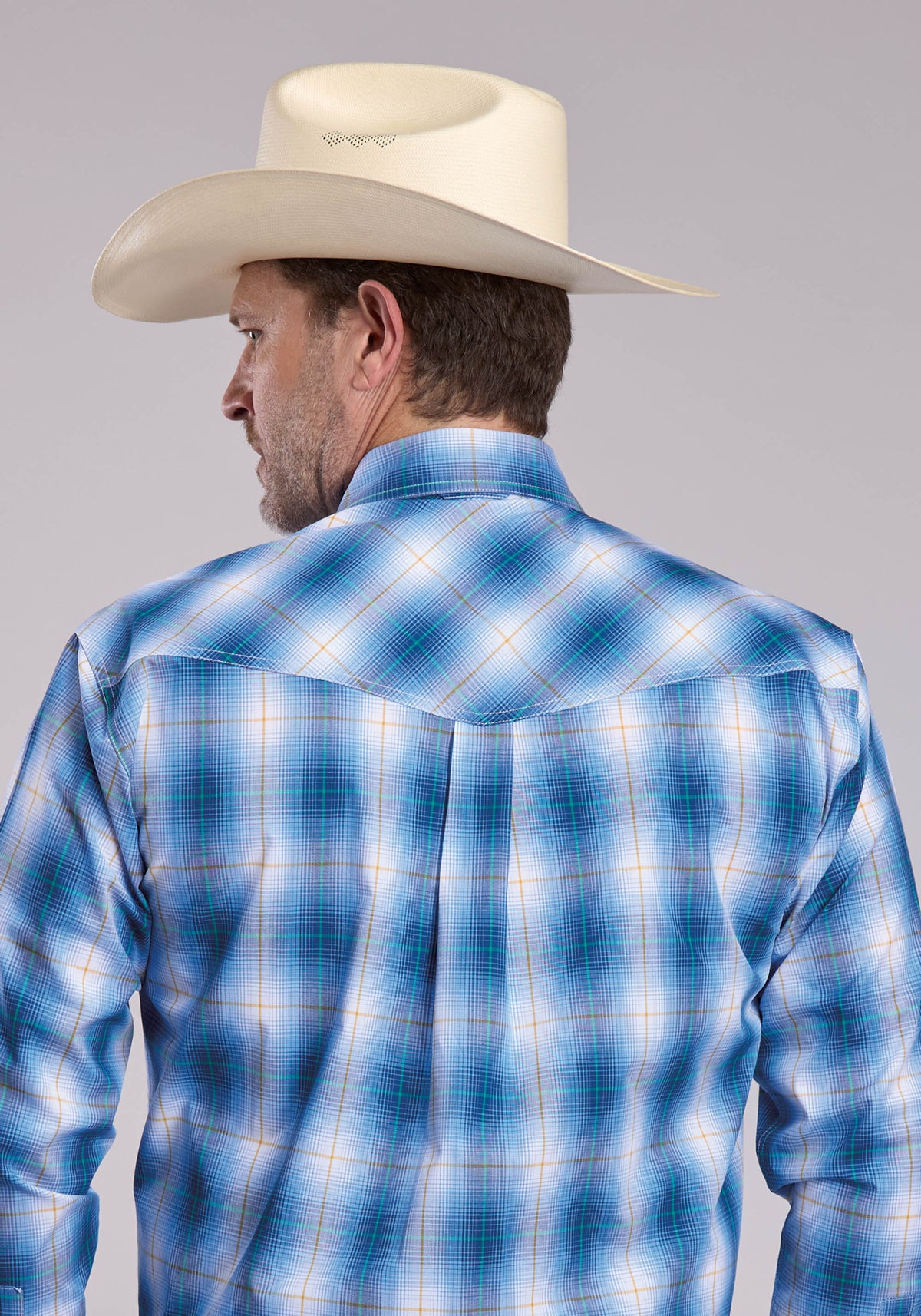 Roper Men's Ombre Plaid Long Sleeve Shirt, Blue – back