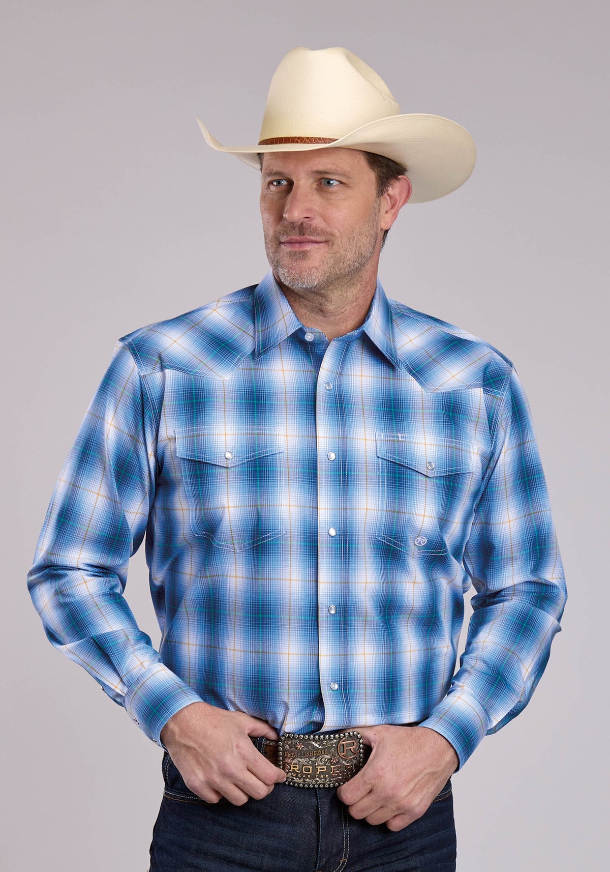 Roper Men's Ombre Plaid Long Sleeve Shirt, Blue – front