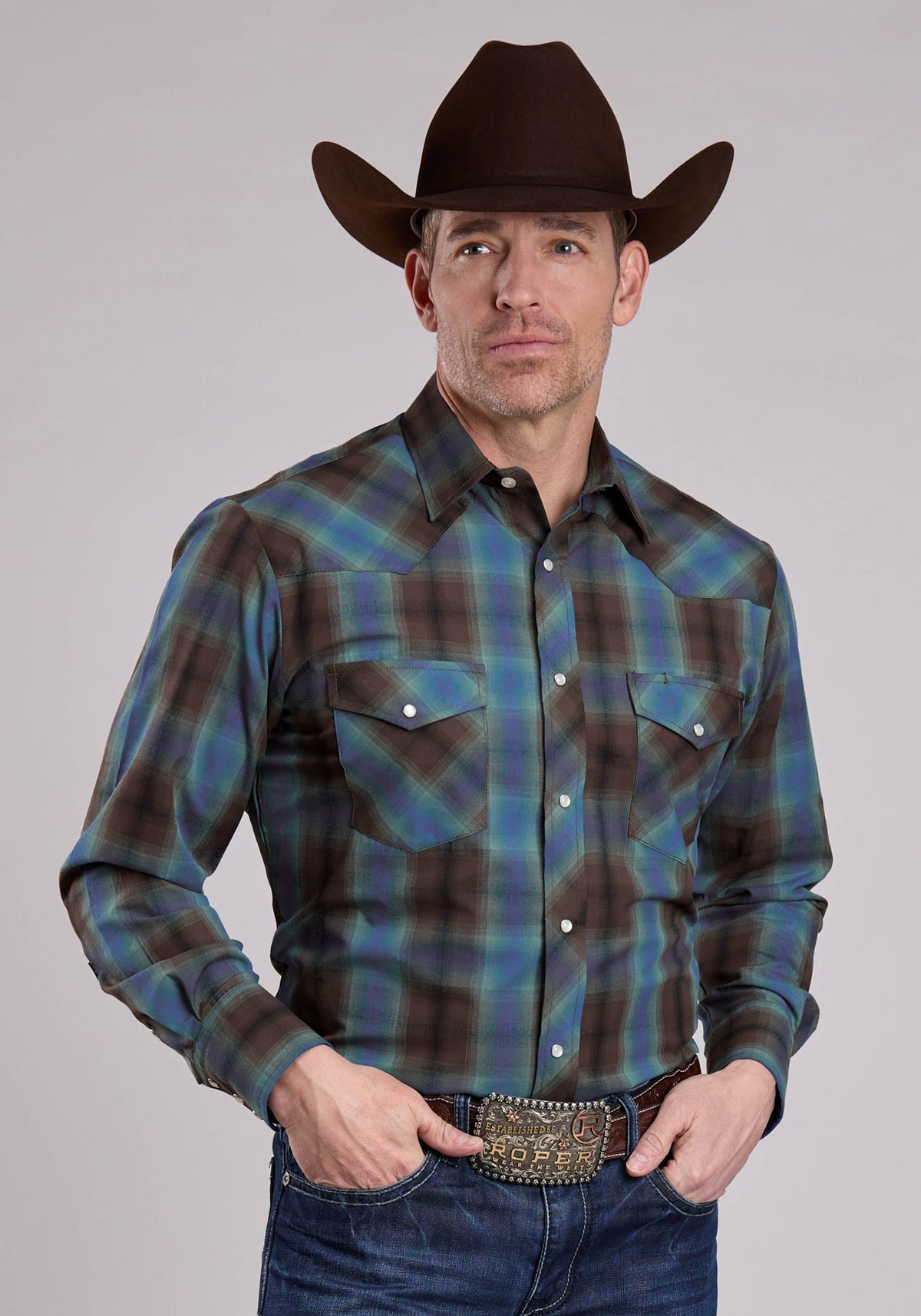 Roper Men's Plaid Long Sleeve Shirt, Blue – front
