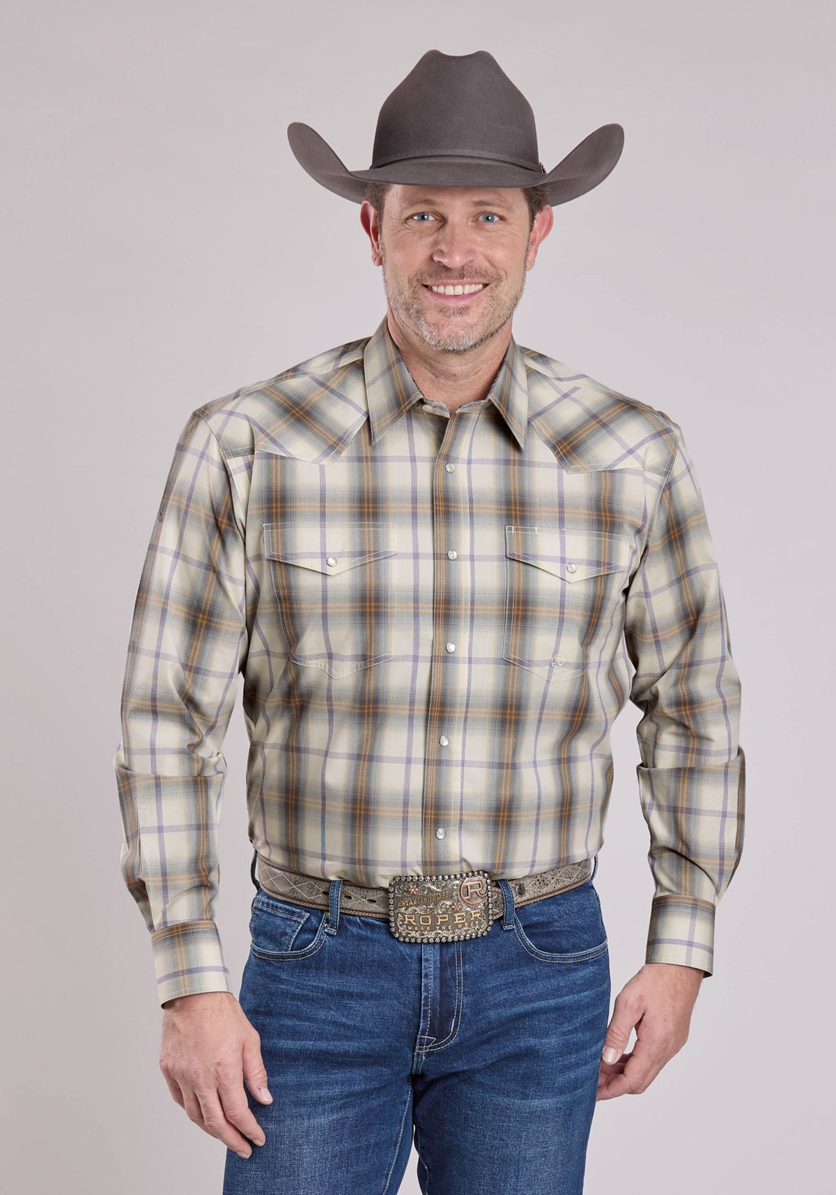 Roper Men's Plaid Long Sleeve Shirt, Gray – front