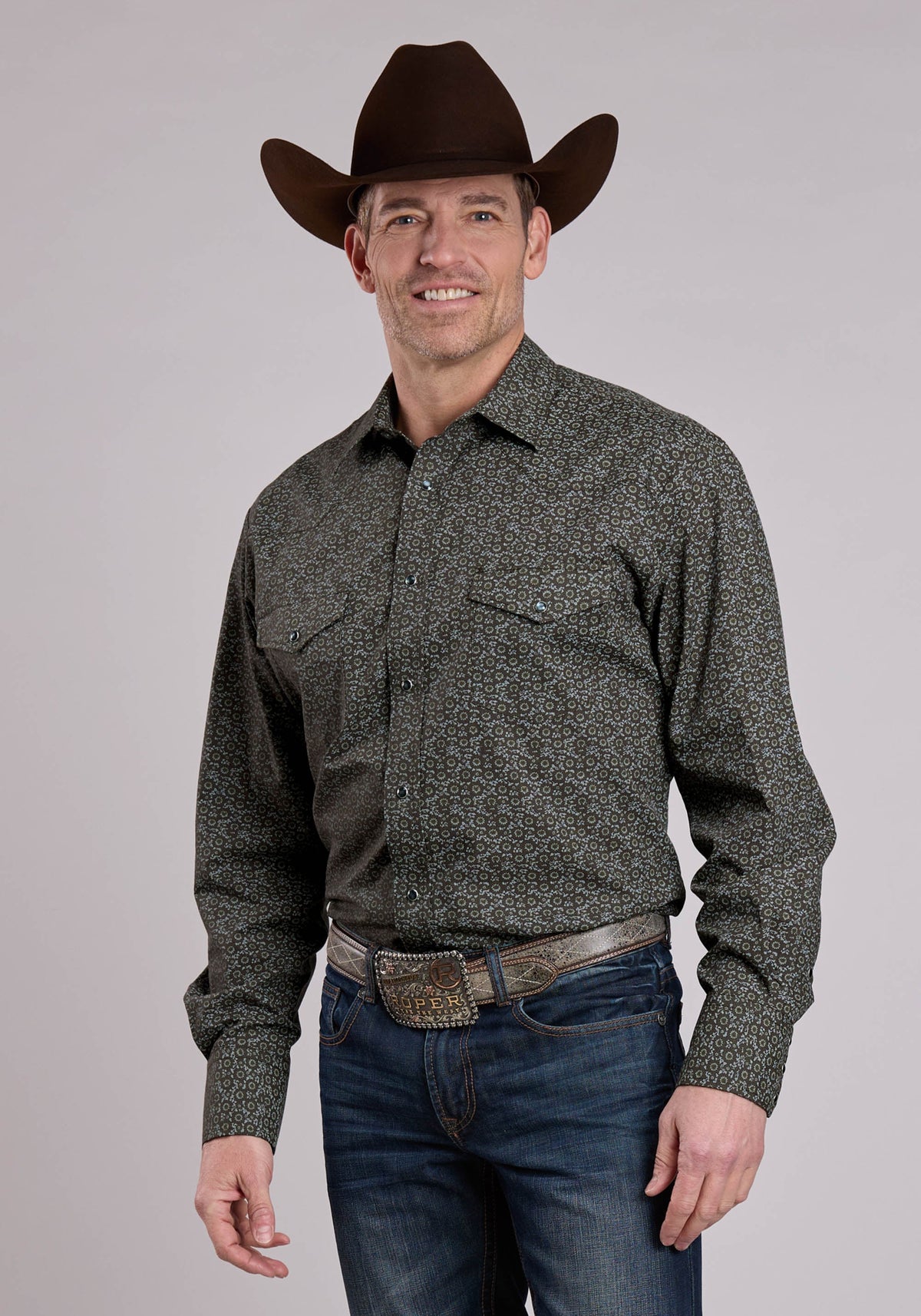 Roper Men's Medallion Print Long Sleeve Shirt, Green – front