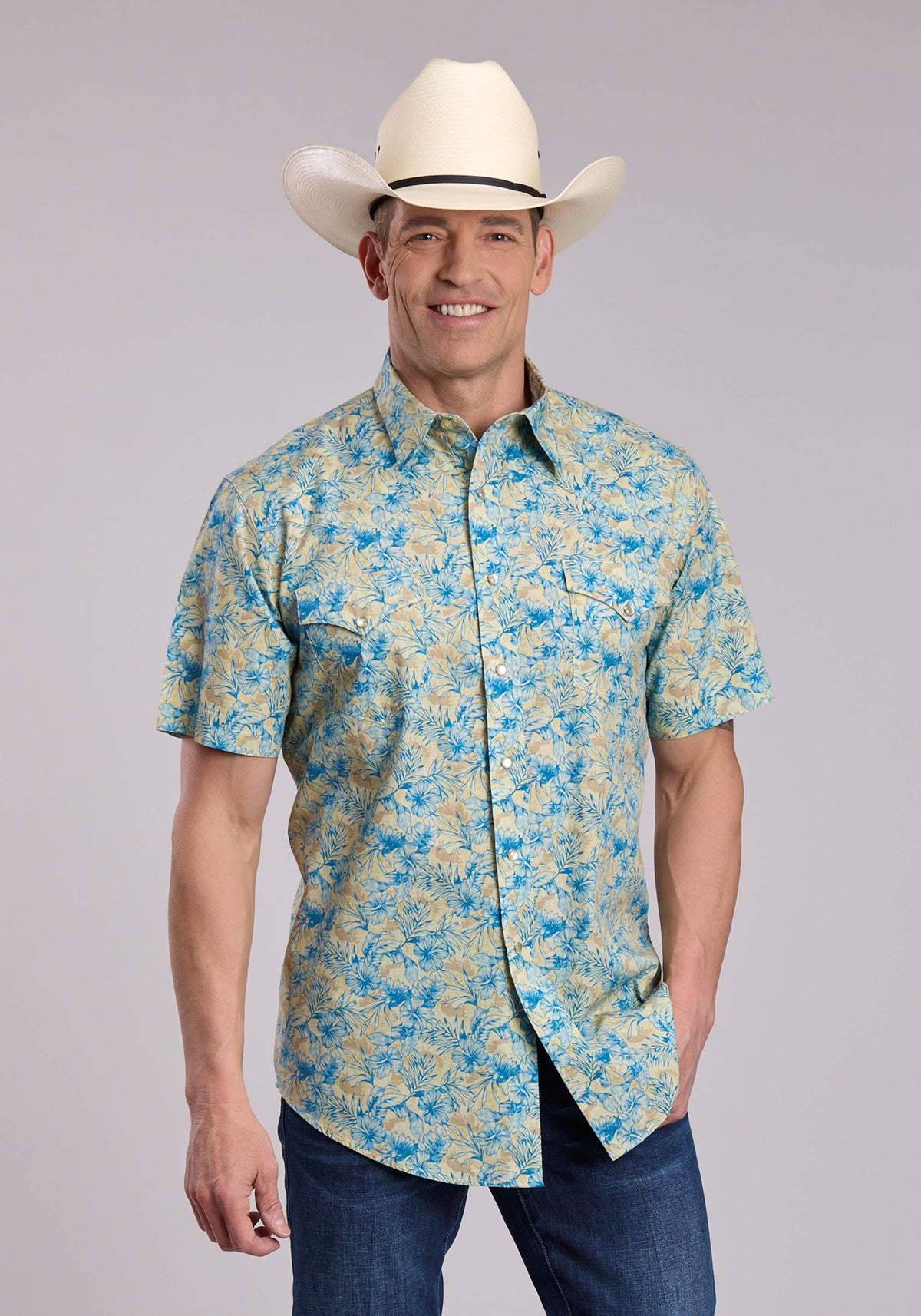 Roper Men's Hibiscus Dreams Print Short Sleeve Shirt, White – front