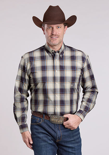 Roper Men's Plaid Button-Down Long Sleeve Shirt, Navy – front