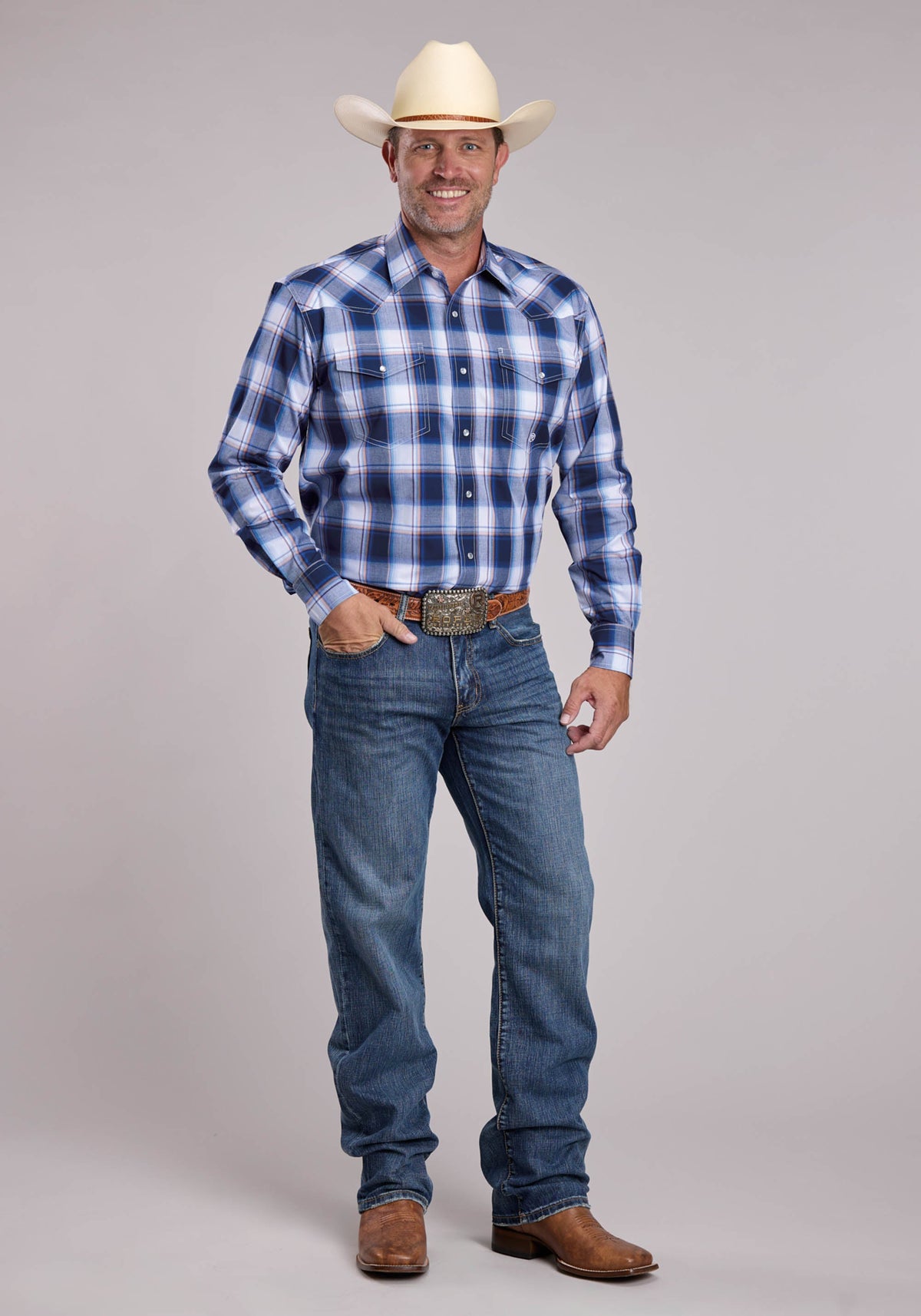 Roper Men's Plaid Long Sleeve Shirt, Navy – full length