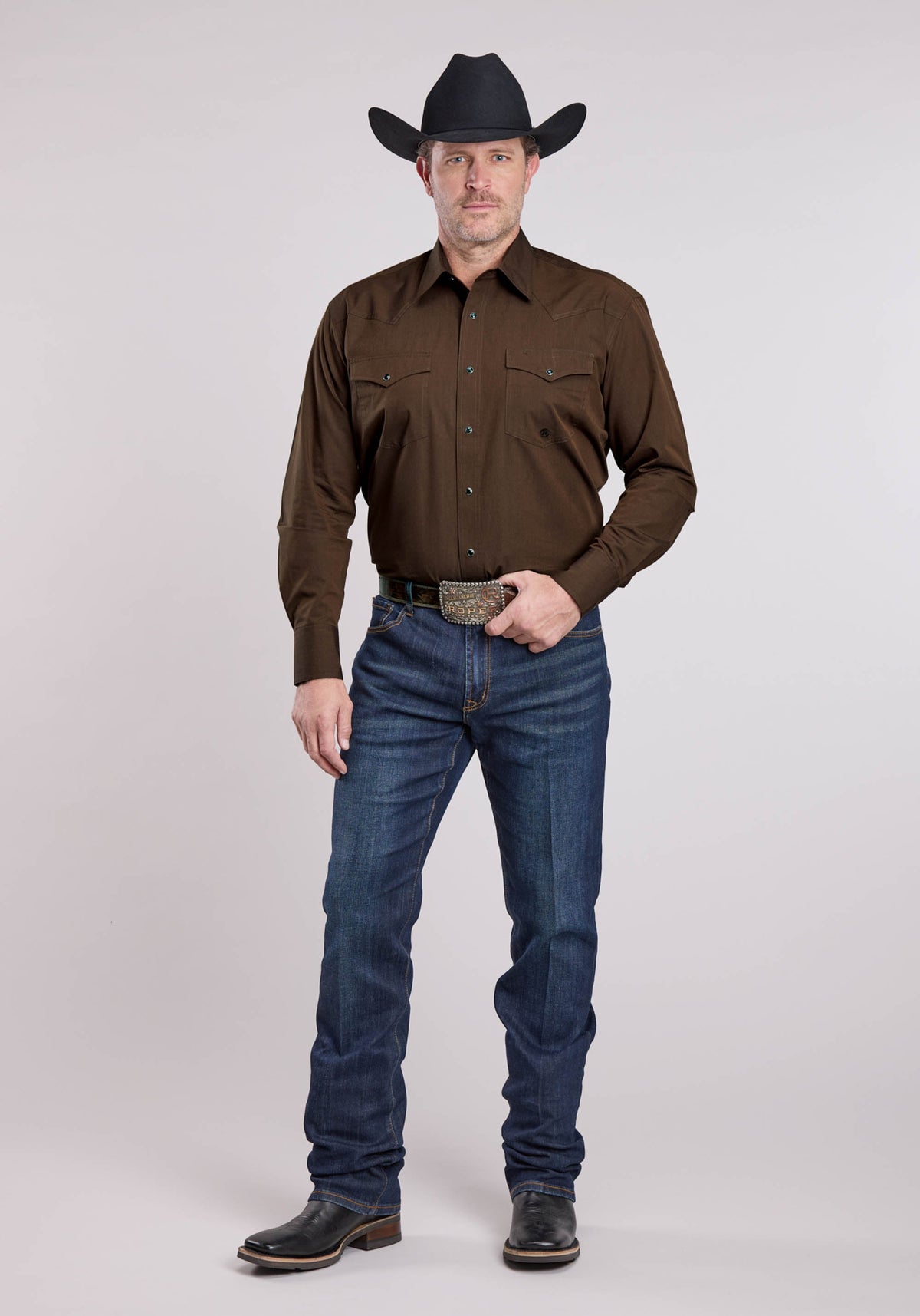 Roper Men's Solid Long Sleeve Shirt, Brown – full length