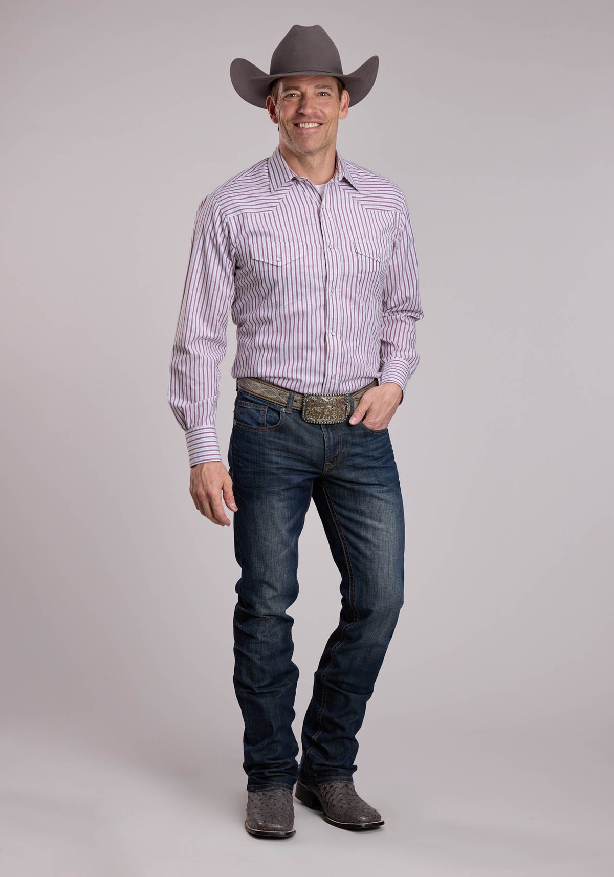 Roper Men's Pinstripe Long Sleeve Shirt, Wine – full length