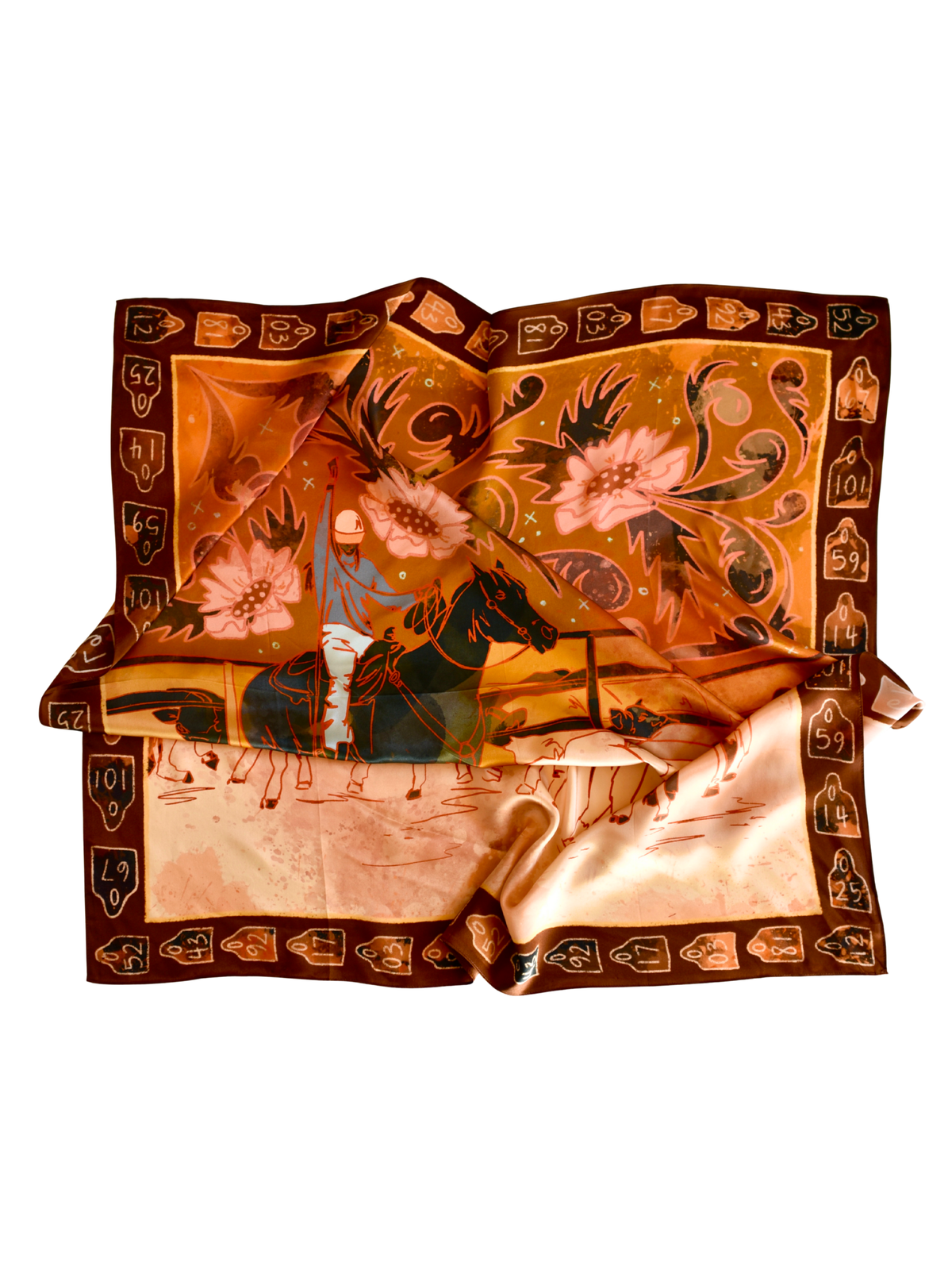 Tirzah Lane Art floral cowgirl bandana, 35x35-inch round-up large 100% Mulberry silk Western wild rag with cow print design.