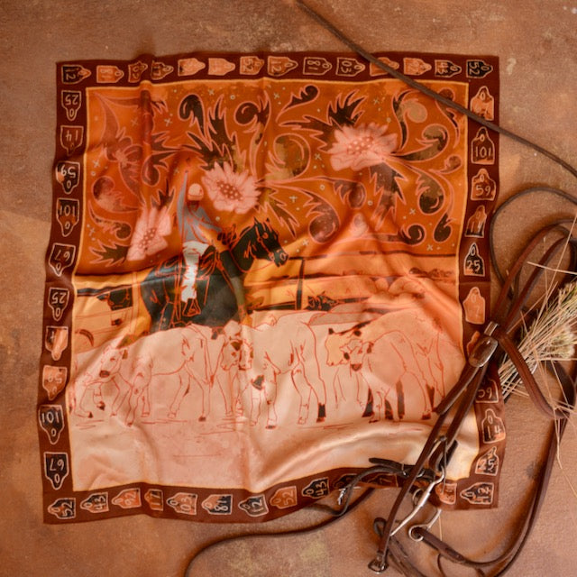 Tirzah Lane Art floral cowgirl Western bandana in 100% Mulberry silk, 35x35 inches, with vibrant floral and cattle design.