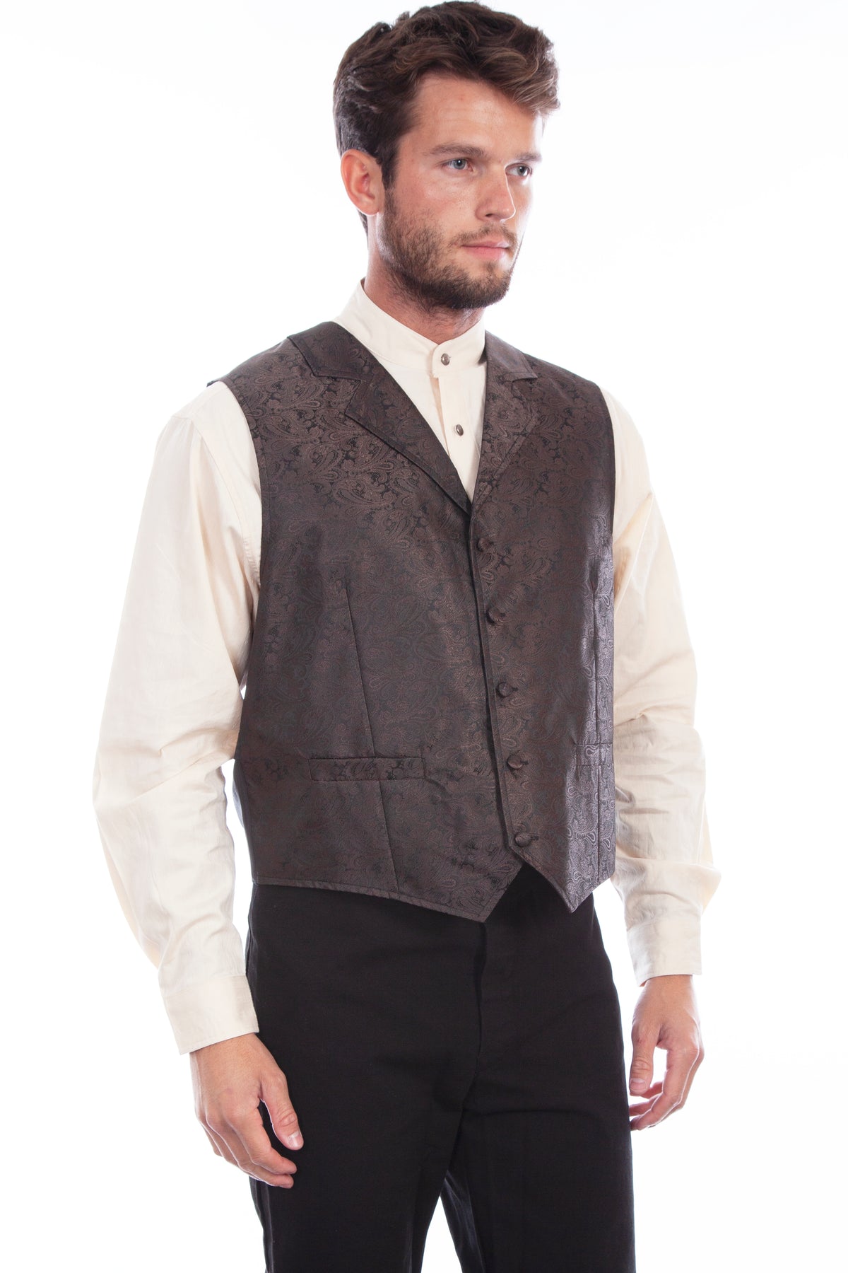 Scully men's classic paisley vest with silk back in brown, featuring intricate paisley pattern and tailored fit.