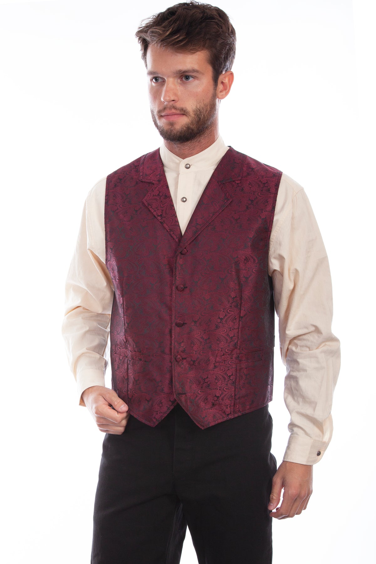 Scully men's classic paisley vest with burgundy silk back, stylish Vests for formal or casual wear.