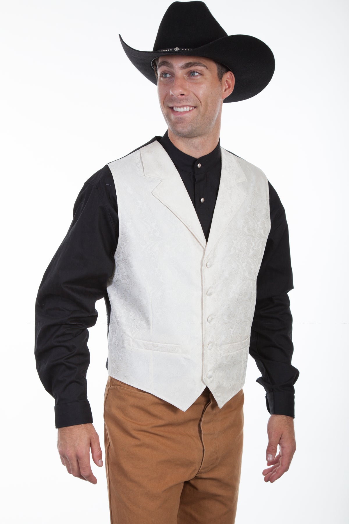 Scully men's cream paisley vest with silk back, featuring classic design and intricate paisley pattern.