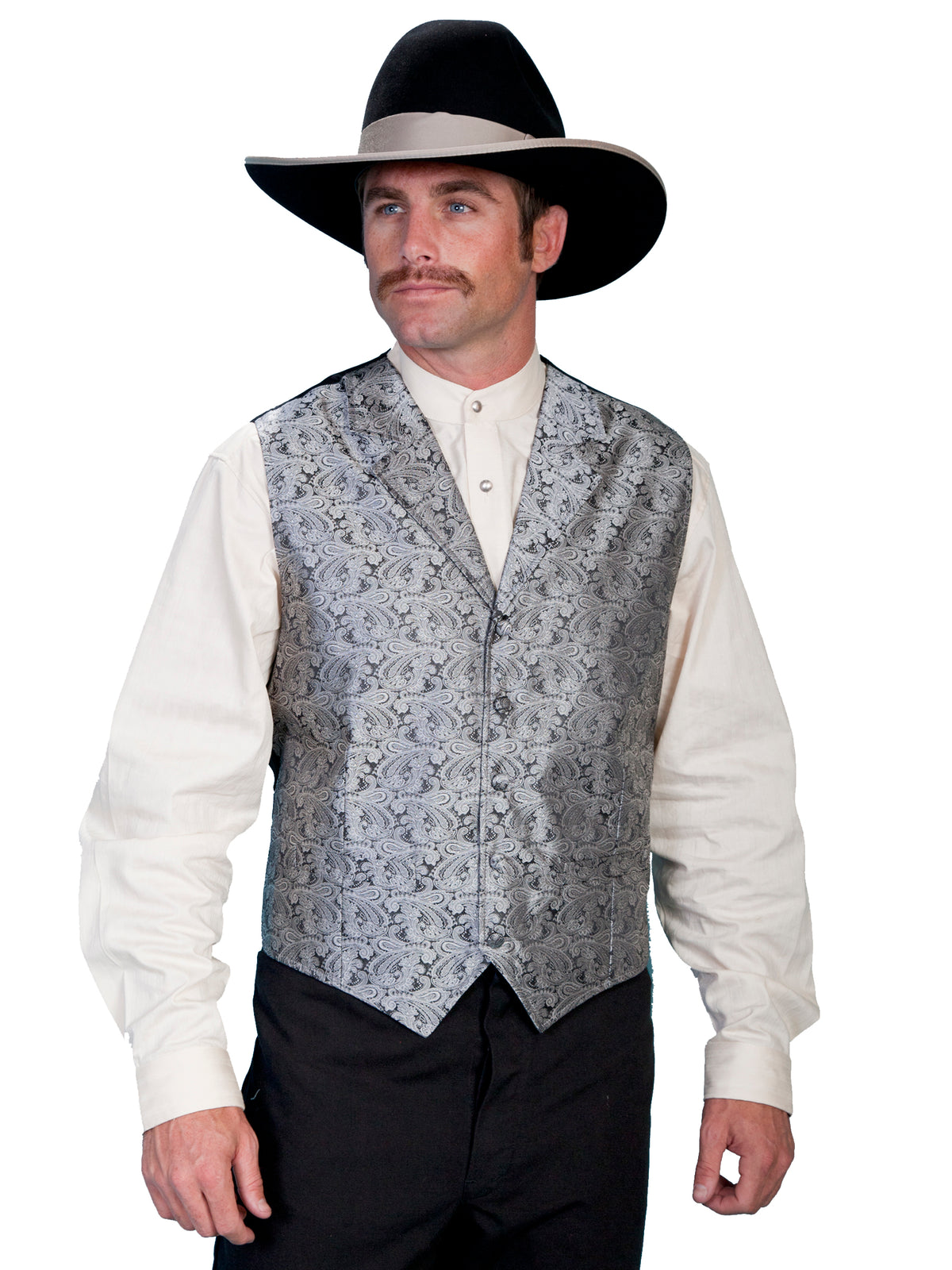 Scully men's classic grey paisley vest with silk back, tailored vest with detailed paisley pattern and adjustable back strap