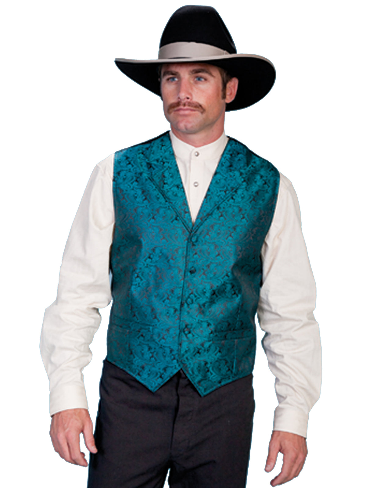 Scully men's teal paisley vest with silk back, classic style, featuring intricate paisley pattern and tailored fit.
