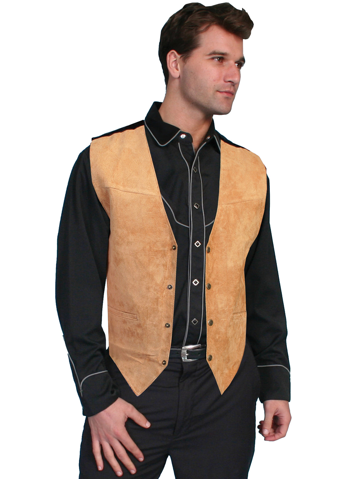 Scully men's boar front snap vest in bourbon color, featuring a classic Western design and front snap closure.