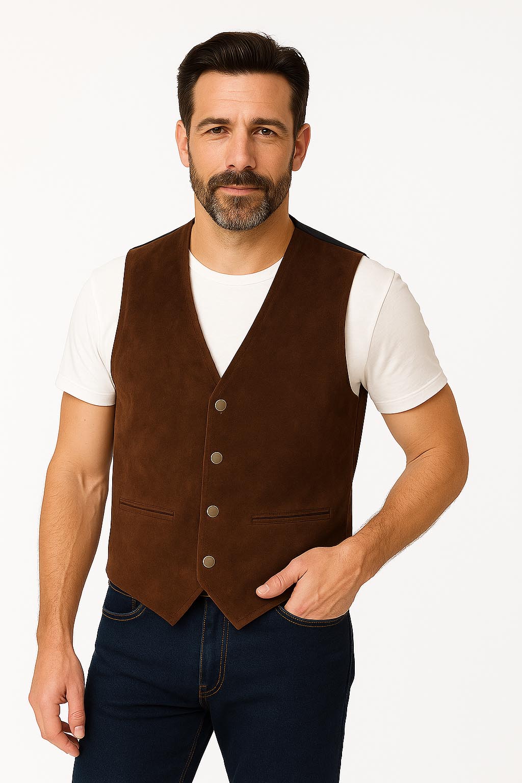 Scully men's boar front snap vest in espresso, featuring a classic sleeveless design with button snaps and tailored fit.