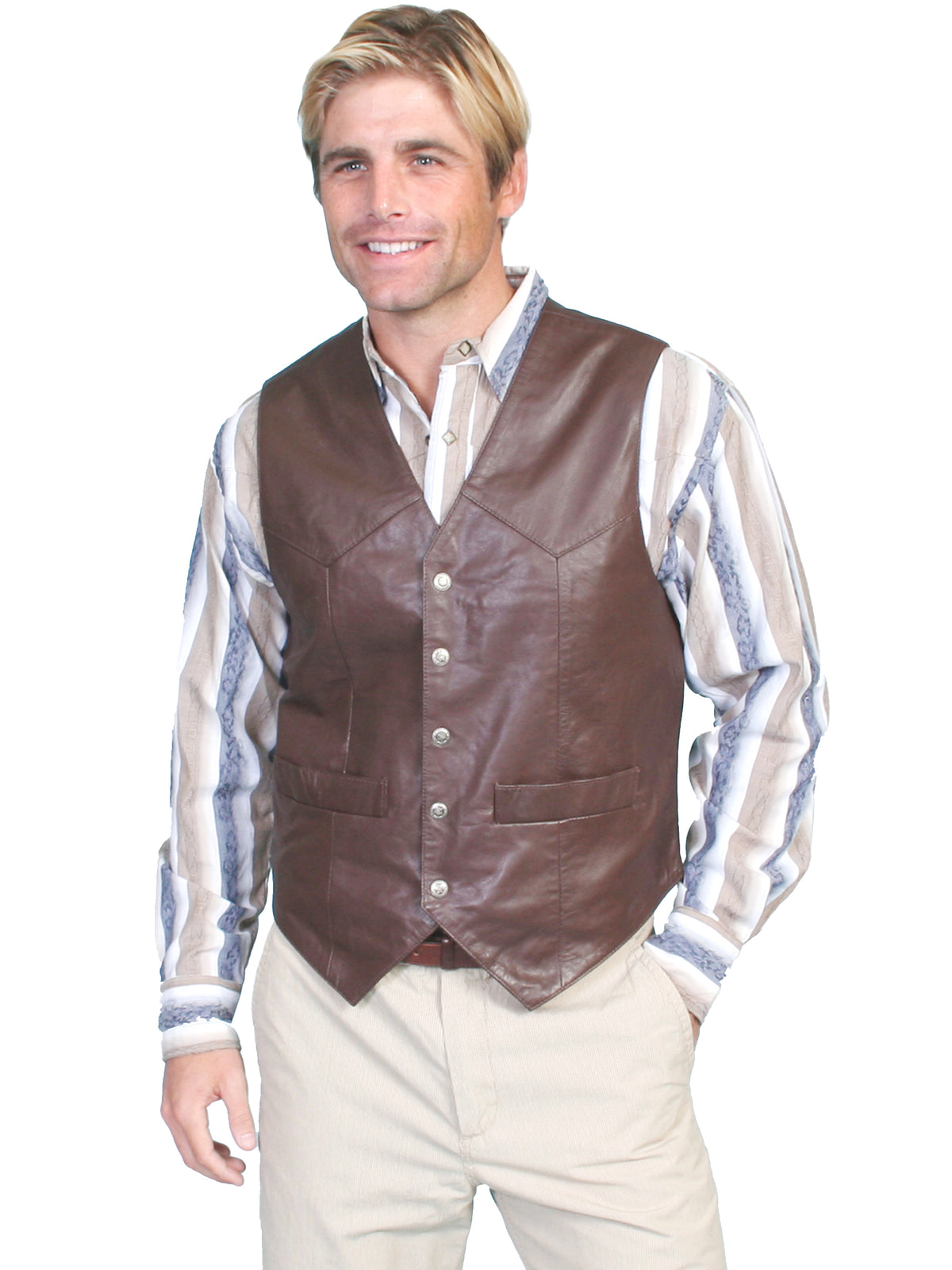 Brown Scully men's soft touch lamb snap front vest featuring a classic design and smooth leather-like texture.