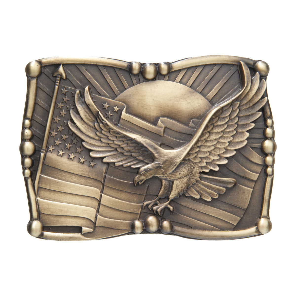 AndWest Sculpted American Flag Belt Buckle with detailed flag design and polished finish, showcasing patriotic craftsmanship.